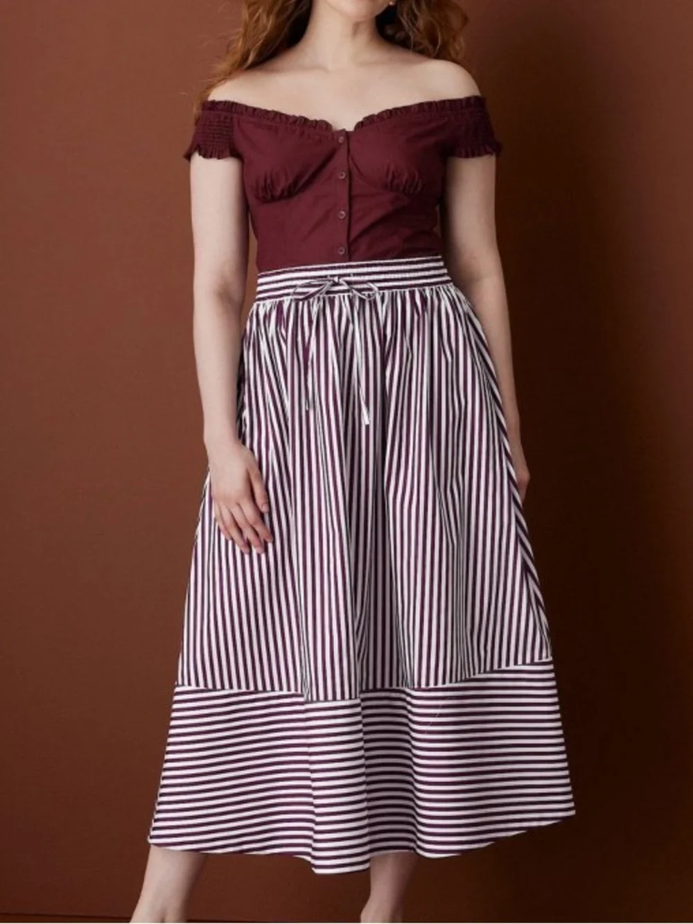 Rosie Assoulin x Target drawstring poplin striped midi skirt burgundy medium new